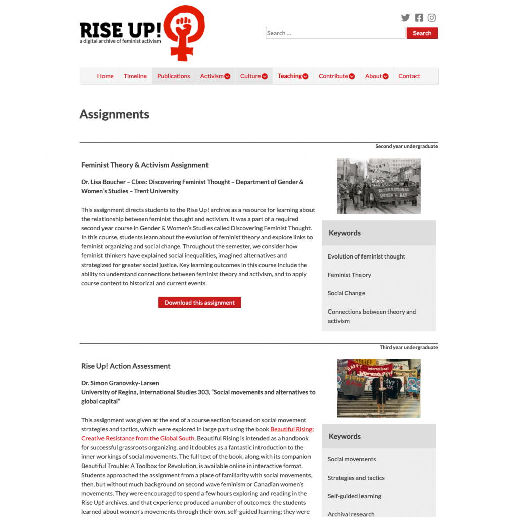 Screen capture of the teaching resources page