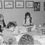 This photo shows of some members of the Ontario Federation of Labour Women's Committee Affirmative Action "Think Tank" during a meeting to plan policy. From l to r: Janis Sarra, ONDP Research; Lyn Vorster, Communications Workers; Catherine Macleod; Shelley Acheson, OFL