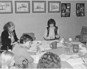 This photo shows of some members of the Ontario Federation of Labour Women's Committee Affirmative Action "Think Tank" during a meeting to plan policy. From l to r: Janis Sarra, ONDP Research; Lyn Vorster, Communications Workers; Catherine Macleod; Shelley Acheson, OFL