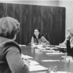 This is an undated photo showing an early Ontario Federation of Labour Women's Committee meeting. Shelley Acheson, Human Rights Director, is speaking.