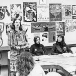 Shelley Acheson, Ontario Federation of Labour Human Rights Director, speaks at an International Women's Day press conference in March 1978. Carolyn Egan is seated to Shelley's left.