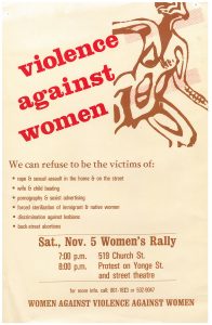 A poster for a women's rally in Toronto organized by Women Against Violence Against Women (WAVAW).