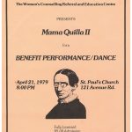 A poster for a benefit performance and dance organized in 1979 by the Women's Counselling Referral and Education Centre (WCREC). The event featured Mama Quilla II