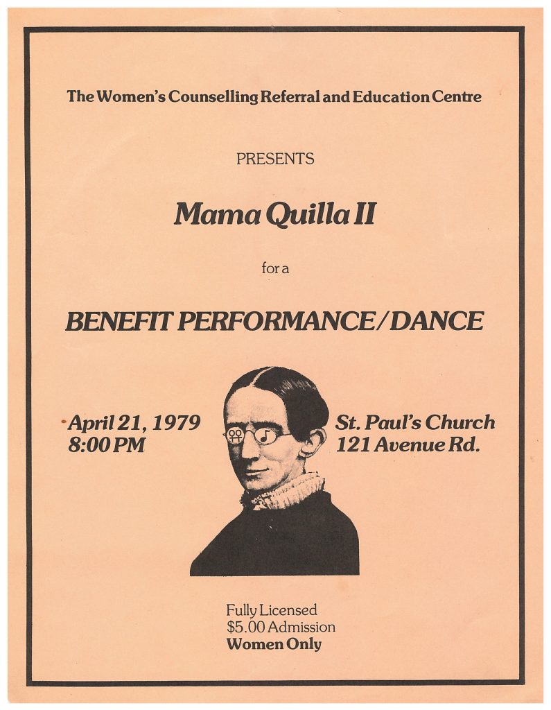 A poster for a benefit performance and dance organized in 1979 by the Women's Counselling Referral and Education Centre (WCREC). The event featured Mama Quilla II