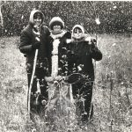 Photo of Cathy Carroll (now Billie Carroll), Donna Bobier, and Frumie Diamond taken at a Women's Press retreat, north of Toronto. Photo dates between 1972 and 1976. Photograph by Janice Acton.